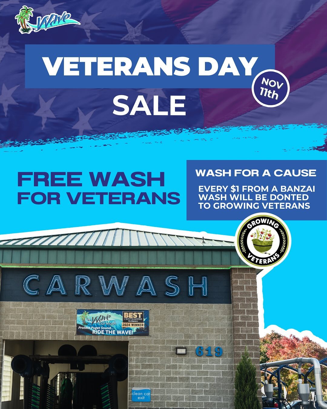 Happy Veterans Day! The Wave is proud to be a veteran-owned business. 🇺🇸 Today, we are honored to offer our annual Veterans Day Special - a FREE Tidal Wave wash to ALL military personnel. Just swing by and show your military ID!

Not a veteran? Ride with us today and support those who have served in our community. We are donating $1 from every Banzai wash purchased toward the local nonprofit organization @growingveterans! ❤️🤍💙