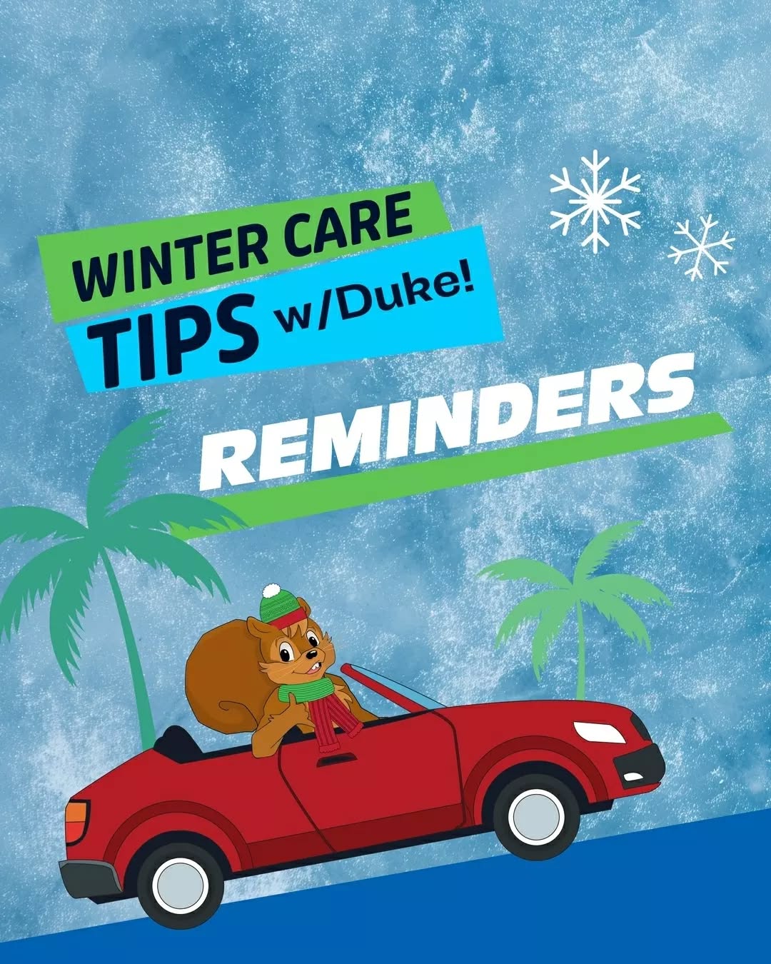 Our mascot Duke the Squirrel is wrapping up our Winter Car Care Tips series with some general car maintenance reminders to keep you safe and running smoothly this season! 🐿️

Thanks for following along with Duke’s tips, we hope you learned something new! And don't forget to stay safe, prepared, and road-ready this winter at The Wave Car Wash. 👍